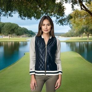 TOMMY HILFIGER Grey Navy Blue Zip Front Long Sleeve Cardigan Women's Blazer